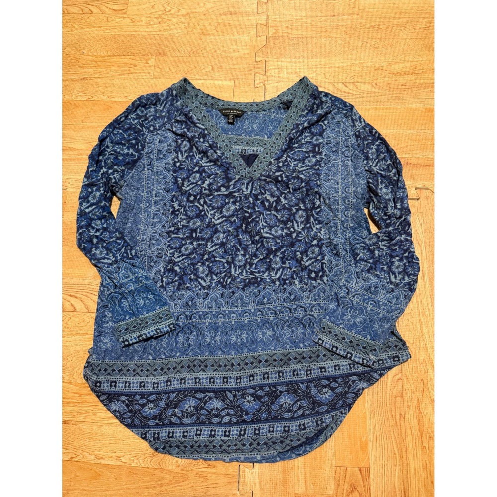 Lucky Brand Blue Floral Medallion V-Neck Lace Trim Boho Blouse Top Small
